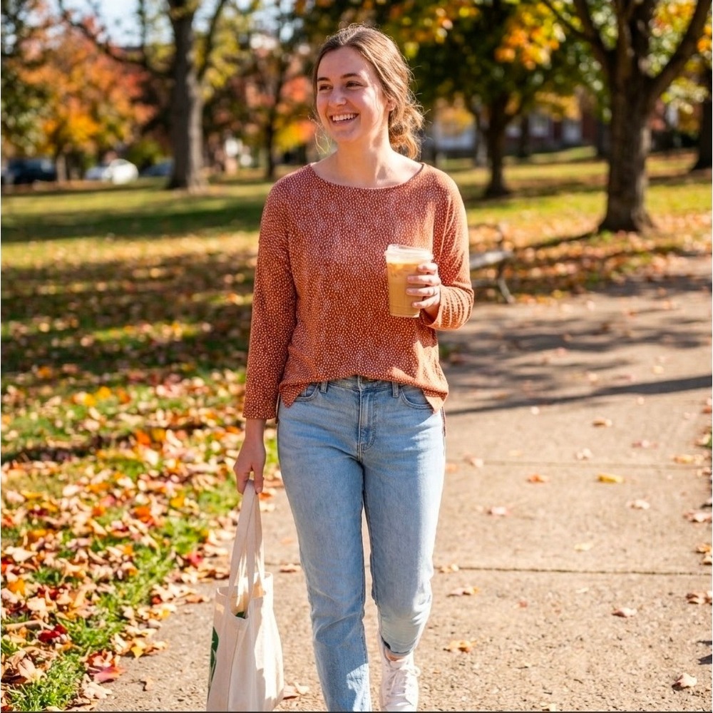 Duluth Trading Co Womens XL Burnt Orange Seed Print Pima Cotton Boat Neck Top